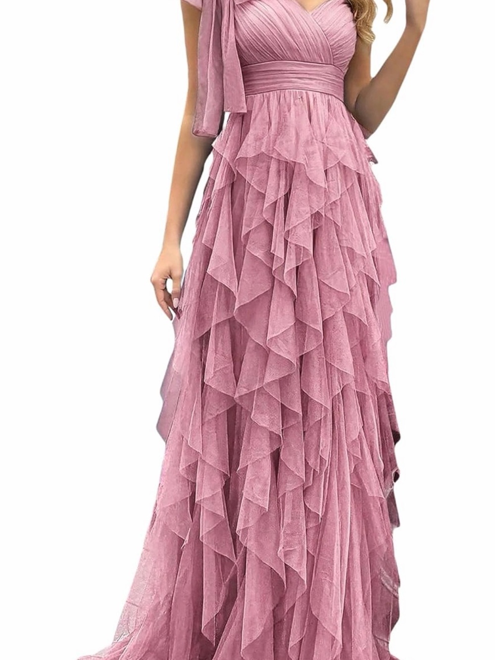One-Shoulder Dusty Rose Ruffle Gown Size L